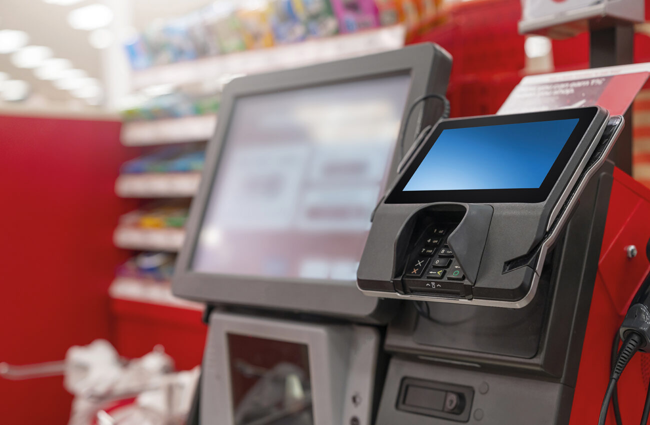 A POS machine at Woolworths Supermarket's self serve checkout ar