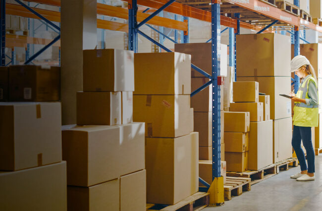 Retail Warehouse full of Shelves with Goods in Cardboard Boxes, Female Worker Scans and Sorts Packages for Delivery. Distribution Logistics Center